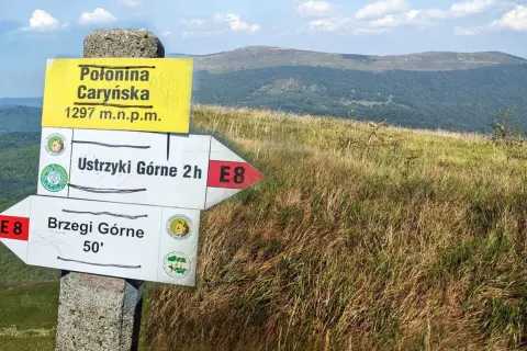 Znaki szlaku na Połoninie Caryńskiej. Trasa do Ustrzyk Górnych 2h, do Brzegów Górnych 50'.