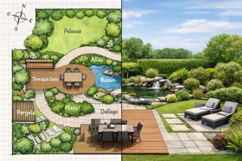 Plan d'un jardin avec un plan d'eau de petite taille, une terrasse en bois, une pelouse et une allée. La partie droite montre le jardin réalisé avec une cascade.