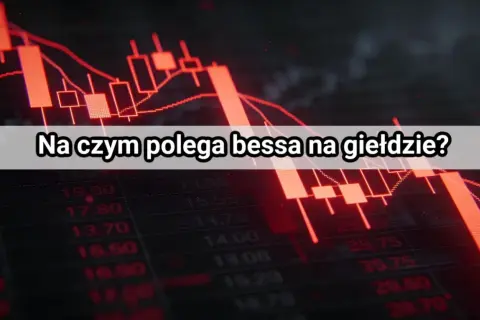 Czerwony wykres giełdowy z napisem "Na czym polega bessa na giełdzie?". Spadek cen akcji, czyli bessa, to trudny czas dla inwestorów.