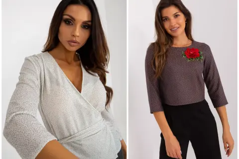 Elegancka bluzka z brokatem w kropki i bluzka z haftowaną różą.