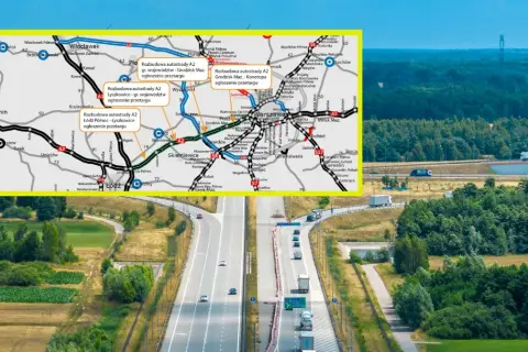 Mapa autostrady A2 z zaznaczonymi odcinkami i miastami, na tle widoku drogi z ruchem samochodowym.
