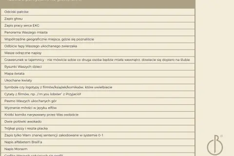 Tabela z pomysłami na grawerunki na obrączkach, m.in. odciski palców, zapis głosu, rysunki dzieci.