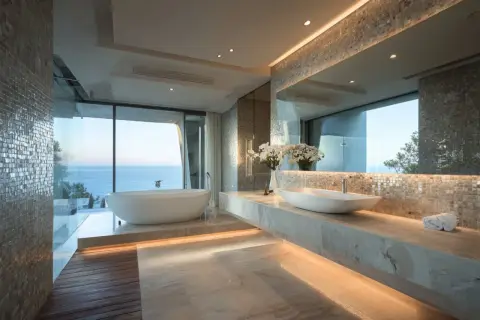 Bain moderne avec baignoire îlot et double vasque, vue sur la mer.