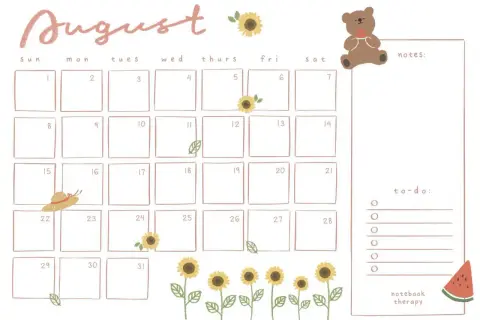 Calendario de agosto con girasoles, un sombrero de paja y un oso comiendo sandía.