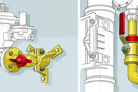 Detailansicht eines Gasdruckreglers am Hausanschluss mit rotem Absperrhahn und gelben Rohrleitungen.