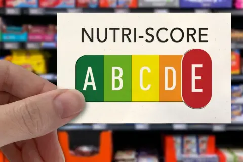 Hand hält Karte mit Nutri-Score D, das eine schlechte Bewertung für Lebensmittel darstellt.