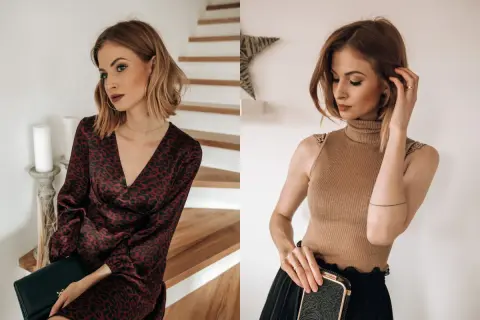 Dwie propozycje stylizacji na wieczorne wyjście ze znajomymi: sukienka w panterkę i elegancki golf z plisowaną spódnicą.