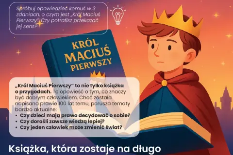 Ilustracja z Królem Maciusiem Pierwszym, książką i tekstem o lekturze.
