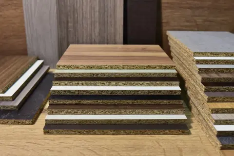 Campioni di pannelli impiallacciati e melaminico cos'è: strati di legno e finiture diverse, ideali per mobili e design.