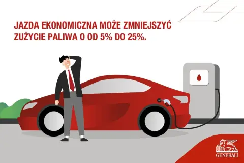 Mężczyzna przy czerwonym samochodzie na stacji paliw. Ekonomiczna jazda samochodem to oszczędność paliwa od 5% do 25%.