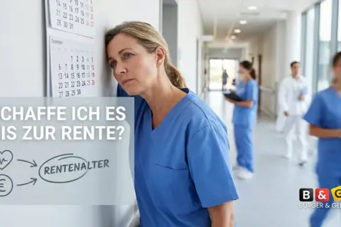 Erschöpfte Krankenschwester fragt sich: "Schaffe ich es bis zur Rente nach 30 Jahren Arbeit?" Kalender und Euro-Symbol deuten auf finanzielle Sorgen hin.