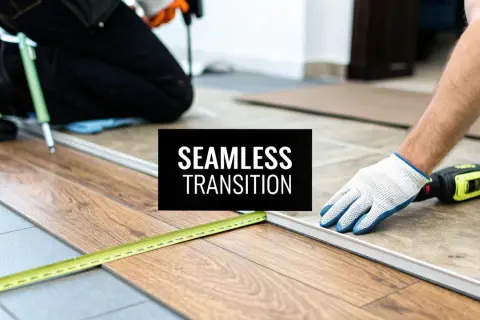 Workers install flooring, creating a seamless transition from tile to laminate. A measuring tape and drill are visible.