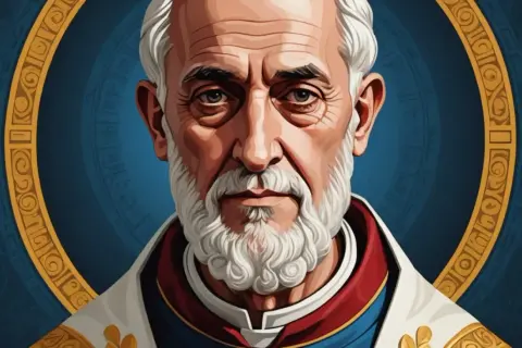 Portret starszego mężczyzny z siwą brodą i włosami, w szatach papieskich, otoczony złotym ornamentem. Wygląda jak pierwszy święty Kościoła katolickiego.