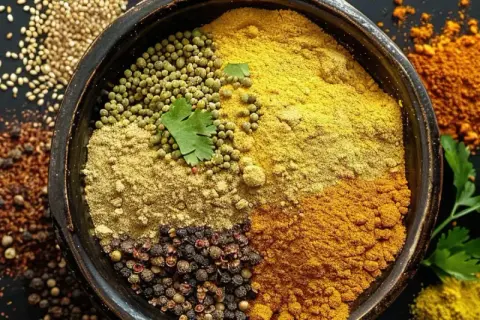 En skål med olika kryddor, inklusive en blandning för masala krydda. Korianderfrön, pepparkorn och gurkmeja syns också.