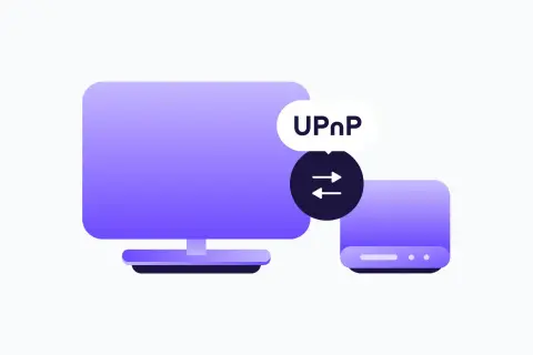 Ilustracja pokazuje komputer i router, symbolizujące komunikację sieciową. Etykieta "UPnP co to" sugeruje wyjaśnienie tej technologii.