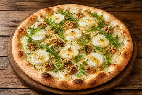 Une délicieuse pizza chèvre miel, garnie de noix croquantes et de roquette fraîche, sur un fond de bois rustique.