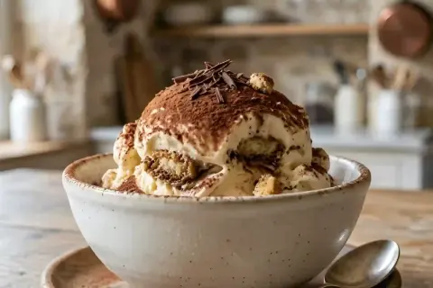 Une coupe de glace tiramisu onctueuse, saupoudrée de cacao et de copeaux de chocolat, avec des morceaux de biscuits savoiardi.