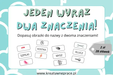 Gra edukacyjna "Jeden wyraz, dwa znaczenia!" zachęca do akcji dopasowywania obrazków do słów.
