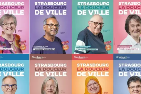 Portraits de seniors souriants à Strasbourg, promouvant la douceur de vivre. Une campagne "Ami des aînés" pour un spot photo réussi.