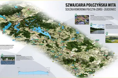 Mapa "Szwajcaria Połczyńska" przedstawia trasę rowerową Połczyn-Zdrój - Złocieniec, z zaznaczonymi atrakcjami i profilami terenu.