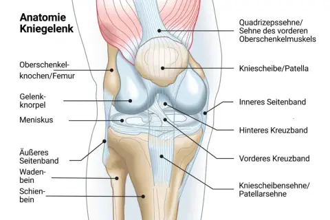 Anatomie des Kniegelenks: Femur, Patella, Kreuzbänder, Seitenbänder. Mögliche Ursachen für Schmerzen Knie Innenseite ohne Schwellung.