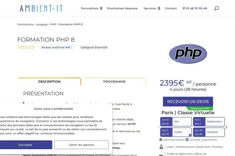 Formation PHP 8, avec le logo PHP. Apprenez le langage de programmation pour le web.