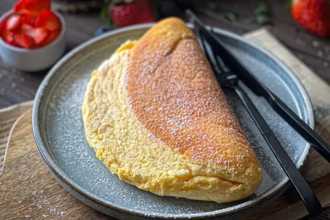 Puszysty omlet jajeczny, lekko przyprószony cukrem pudrem, czeka na talerzu obok czarnych sztućców. W tle widać miseczkę z truskawkami.
