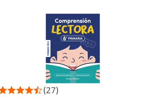 Libro de **comprensión lectora** para 6º de primaria. Un niño feliz lee un libro abierto, con "abc" en un bocadillo.