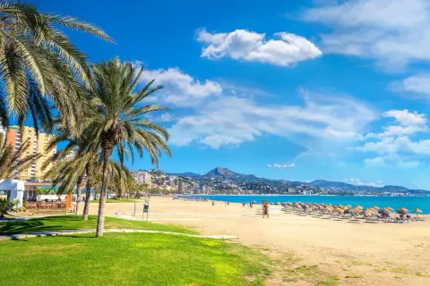 Słoneczne **Malaga plaże** z palmami, piaskiem i turkusowym morzem. W tle miasto i góry.