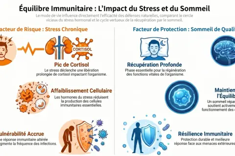 Le stress chronique augmente le cortisol, affaiblissant le système immunitaire. Le sommeil de qualité favorise la régulation hormonale et la résilience.