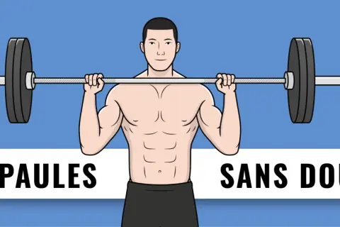 Un homme musclé soulève une barre avec des poids, développant son muscle épaule sans douleur.