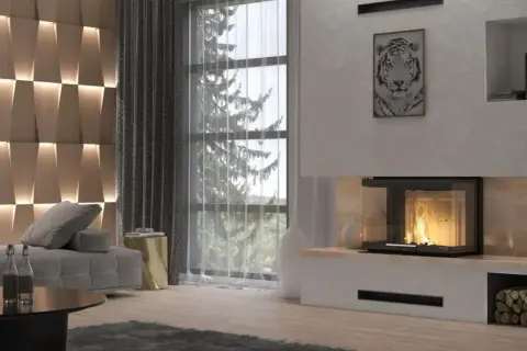 Nowoczesny salon z kominkiem, gdzie uszczelniacz do kominków zapewnia bezpieczeństwo i estetykę. Wygodna sofa, designerska ściana i widok na las.