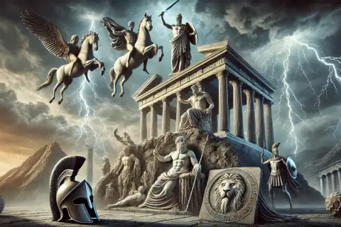 Gudar i mytologin, med Zeus tronande över ett tempel, medan bevingade hästar flyger genom ett åskväder.
