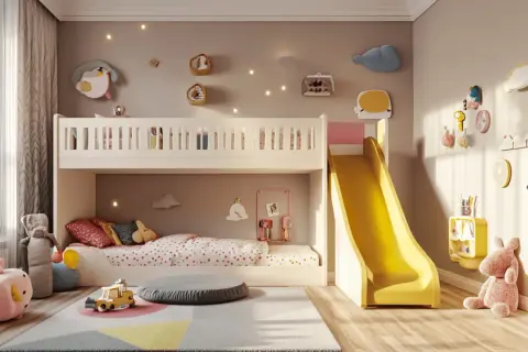 Ein Kinderzimmer mit Hochbett, Rutsche und Spielzeug. Perfekt, um ein Zimmer mit Hochbett einzurichten und Spaß zu haben.