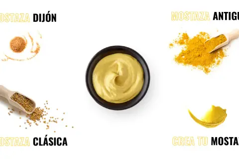Ingredientes para mostaza Dijon: semillas de mostaza, polvo de mostaza y azúcar moreno.