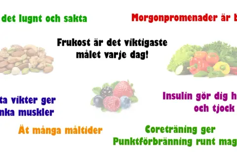 Bilder och text om hälsa, kost och träning. Frågan "hur mycket kan man gå ner i vikt på en vecka" är inte besvarad.