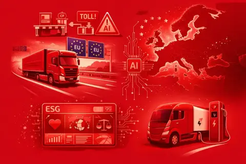 Ciężarówka na autostradzie, znak zakazu wyprzedzania dla ciężarówek, mapa Europy z AI, ładowanie elektrycznego pojazdu i wskaźniki ESG.