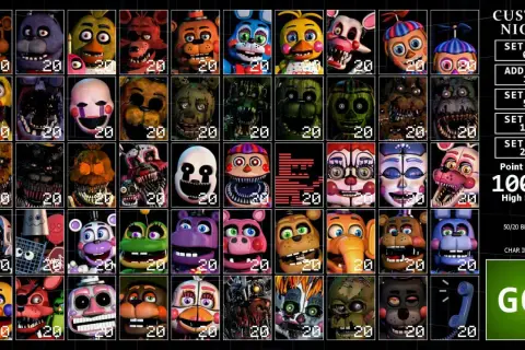 Wybór postaci do gry fnaf 7. Na ekranie Custom Night widzimy wiele animatroników, każdy z ustawionym poziomem trudności 20.