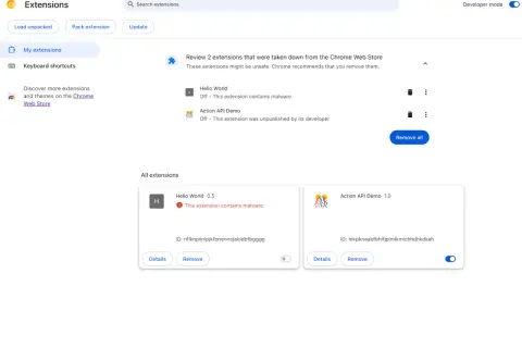 Zarządzanie rozszerzeniami w Google Chrome. Wykryto złośliwe oprogramowanie w jednym z dodatków, co wymaga jego aktualizacja lub usunięcie.