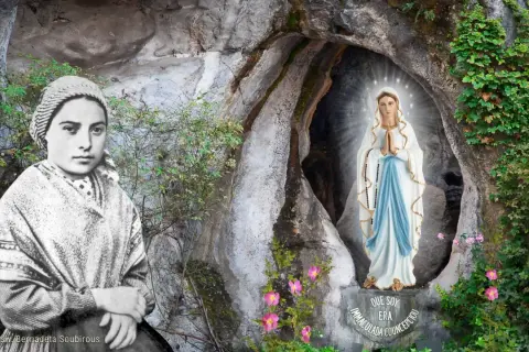 Św. Bernadeta Soubirous i Matka Boża w Lourdes. Obraz zachęca do krótkich rozważań różańcowych.