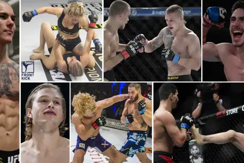 Kollage med MMA-fighters i action. En kvinna i topp och shorts på marken, två män i handskar som slåss, en man som jublar, och två män i en bur. Det här är verkligen best of mma.