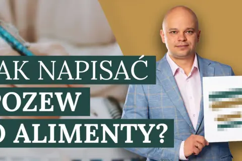 Profesjonalny pozew o alimenty: mężczyzna w garniturze prezentuje dokument z tekstem "Jak napisać pozew o alimenty?".