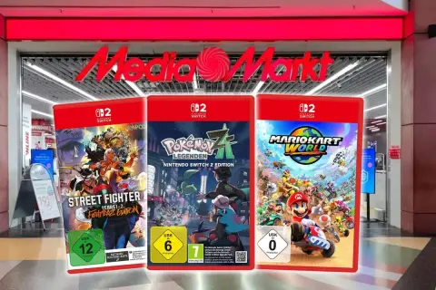 Drei Nintendo Switch 2 Spiele: Street Fighter, Pokémon Legenden und Mario Kart World, präsentiert vor einem MediaMarkt.