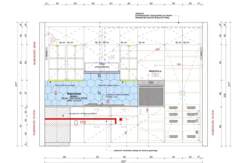 Projekt techniczny kuchni, ile egzemplarzy potrzebujesz? Widok z góry z wymiarami, okapem, mikrofalą i szufladami.