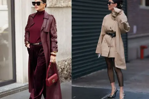 Eleganckie jesienne outfity: bordowy płaszcz i sztruksowe spodnie obok beżowego trencza i siateczkowych rajstop.