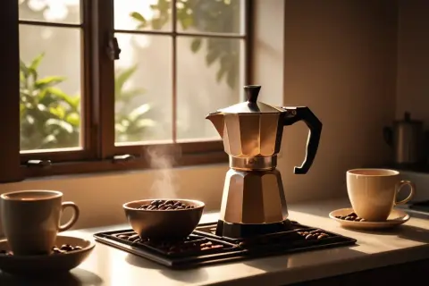 En moka-bryggare i koppar, ångande kaffebönor i en skål och en kopp kaffe. Perfekt för en lugn morgon med **pour over**.