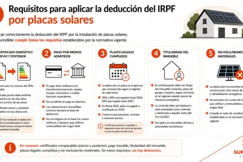 Requisitos para deducción IRPF placas solares en Extremadura: certificado energético, pago bancario, plazos cumplidos, titularidad inmueble y sin exclusiones.