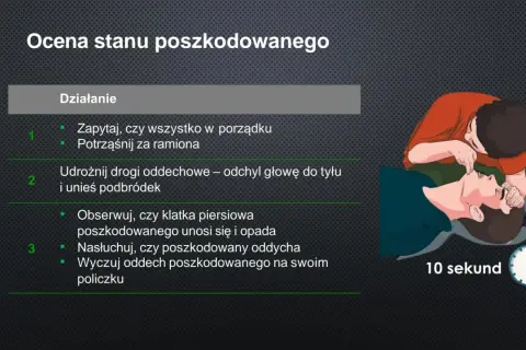 Ratownik sprawdza oddech poszkodowanego, by wykluczyć migotanie komór. Czas: 10 sekund.