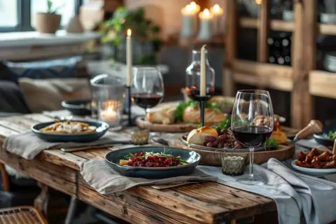 Table dressée pour un dîner intime, avec bougies, vin rouge et mets délicats. Une ambiance parfaite pour un texte invitation restaurant surprise.