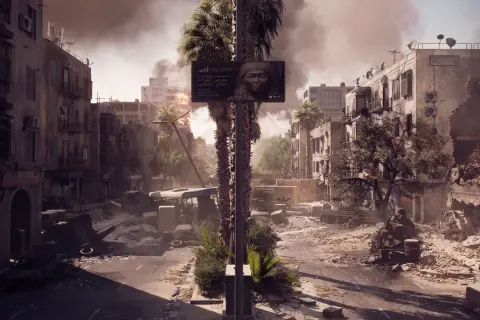 Zniszczone miasto, palmy i billboard z twarzą kobiety. To scena z gry Battlefield 6, dostępnej w ramach Game Pass.